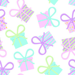 Seamless vector birthday party, baby shower pattern with pastel colorful gifts, presents on white background. Gift wrapping paper, interior, cloth, fabric or web design.
