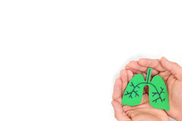 Male hands holding lungs paper cutout. Lung health awareness concept. Top view in white background.