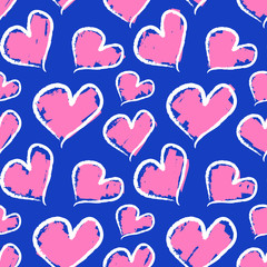 Seamless cute hand drawn colorful vector valentine pattern with pink hearts on blue background. Gift wrapping paper, interior, cloth, fabric or web design.