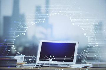 Technology theme drawing and work space with computer. Double exposure. Concept of innovation.