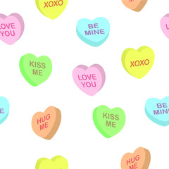 Seamless cute colorful vector valentine pattern with 3d pastel candy hearts with text on white background. Gift wrapping paper, interior, cloth, fabric or web design.