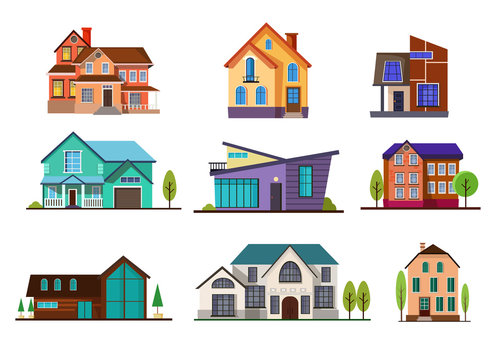 Modern cottage houses set. Collection for neighborhood and suburban. Can be used for topics like property, mortgage, architecture