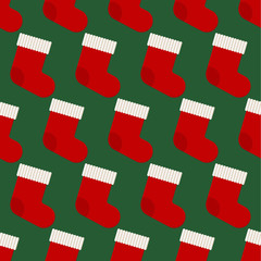 Seamless cute retro christmas vector pattern with red santa claus socks on dark green background. Gift wrapping paper, interior, cloth, fabric or web design.