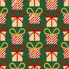 Fototapeta premium Seamless cute retro christmas vector pattern with red and gold striped gifts, presents on dark green background. Gift wrapping paper, interior, cloth, fabric or web design.