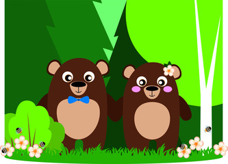 couple in love, romantic cute brown bears in the forest, against the background of trees, flowers and bees, vector illustration