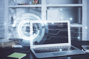 Technology theme drawing and work space with computer. Multi exposure. Concept of innovation.