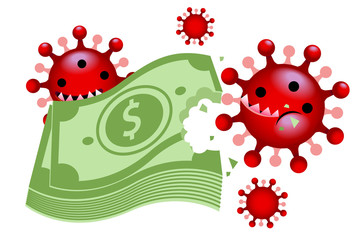 Vector cute Coronavirus characters eating money isolated on white background