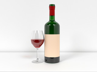 Bottle of wine with glass on white background. 3d rendering illustration