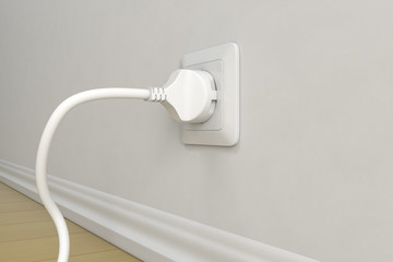 White electric plug with cable. On white wall background. 3d rendering illustration