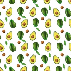 Whole avocado with leaf and half with seed isolated on white background. Vector illustration. Pattern