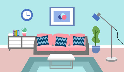 Modern living room with furniture and accessories in flat design. Comfortable interior with sofa, pillows and home decoration vector illustration. Stay at home campaign.