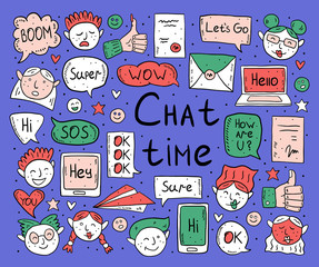 Chat time cartoon, doodle, vector clip art, set of elements, stickers, icons. Self isolation. Speech bubble, message, emoji, letter, gadget. Isolated on  purple background.