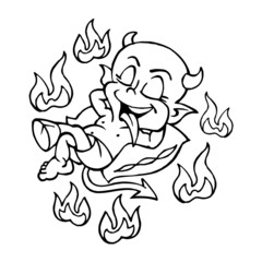 Cute little devil sleeping on pillow surrounded by flames in hell, black and white cartoon