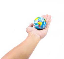 Abstract hand holding earth on white background. Beautiful world concept created by our hands.