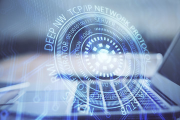 Technology theme drawing and table with computer. Double exposure. Concept of information.