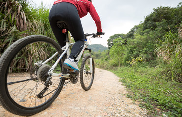 Fototapeta na wymiar Woman cyclist riding a bike on a nature trail in the mountains