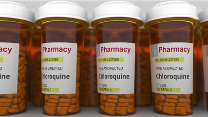 Many pharmacy vials with chloroquine generic drug pills as a possible coronavirus disease treatment. Loopable 3D animation