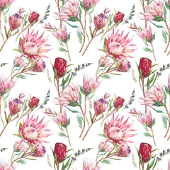 Abwaschbare Fototapete Watercolor flowers seamless pattern. Floral hand painted ornament on white background. Botanical texture design with leaves and plants © ldinka