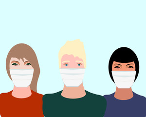 Fototapeta premium Young people in medical masks . Coronavirus covid 19 epidemic concept. Vector illustration.