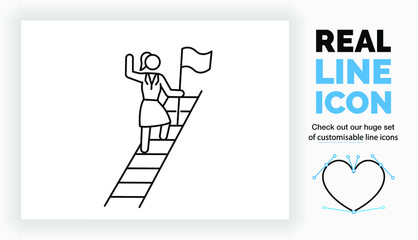 Editable real line icon of a stick figure business woman climbing the career ladder on her path to the top in full body view standing in a suit with a flag to plant in modern black lines in eps vector