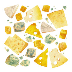 Isolated watercolor cheese set on white background