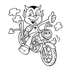 Devil biker rides on chopper with flames and shows thumb up, black and white cartoon