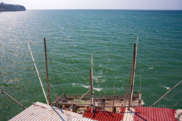 Trabucco, ancient wooden structure of the fishermen of the lower Adriatic Sea in the Gargano in...