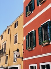 Naklejka premium Traditional old town architecture of Rovinj, Croatia with little colorful buildings. Touristic destination. Travel summer concept. Minimal background.