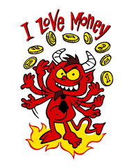 Devil businessman with tie juggles with coins, I love money, color cartoon
