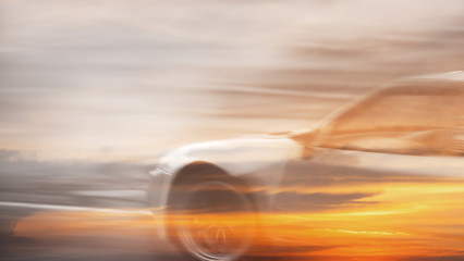 Double exposure sunset with blur part of car drifting, Blurred of image diffusion race drift car with lots of smoke from burning tires - 335237547