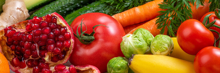 Balanced healthy food background. Selection of various mediterranean diet products for healthy nutrition. Assortment of healthy food ingredients. Vagetables and fruits background