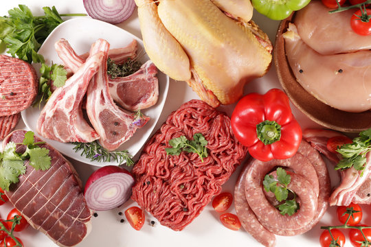 assorted of raw meats- minced beef, beef, chicken, lamb chop, roast beef, sausage