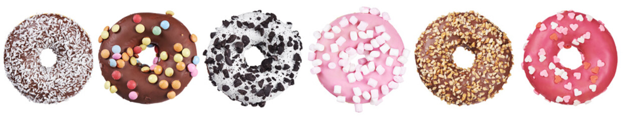set of donuts with colored sprinkles isolated on white. top view