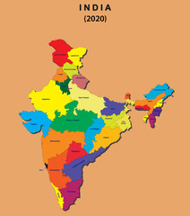 3D map of India. all new states name in India with different colour. India map 2020 .