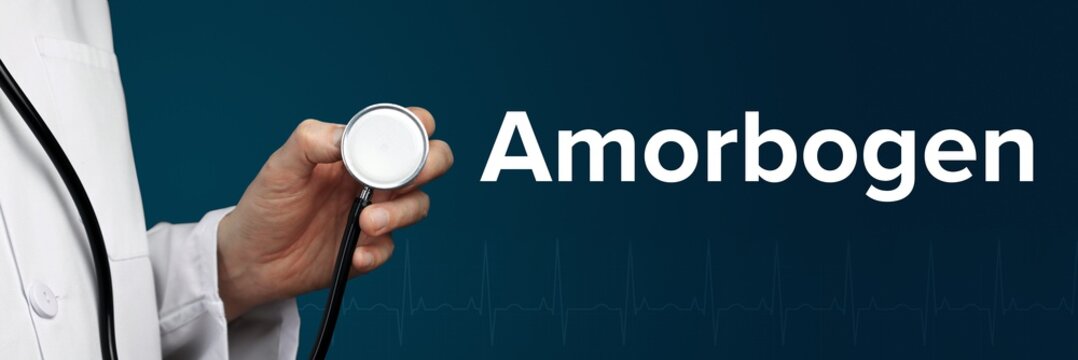 Amorbogen. Arzt im Kittel h&auml;lt Stethoskop. Das Wort Amorbogen steht daneben. Symbol f&uuml;r Medizin, Krankheit, Gesundheit