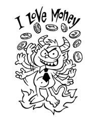 Devil businessman with tie juggles with coins, I love money, black and white cartoon