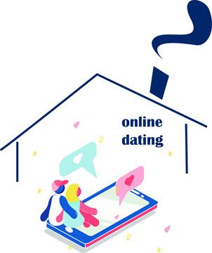 Online datting .Stay at home. Coronavirus or Covid-19 quarantine. Poster. Online communication via the Internet.Online date during quarantine and self-isolation. Couple holding  on the phone 3d