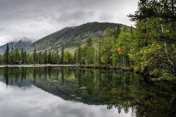 Fototapeta premium On the shore of a mountain lake, stones, hummocks and forest. cloudy day with reflection, natural light