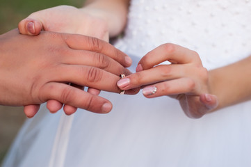 
on the wedding day, the husband puts on a wedding ring to the bride in a white dress and it is happiness when two lovers' hearts are united in a family