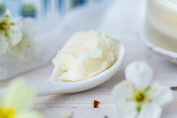 Shea butter on a white ceramic spoon on a white table in spring time. Karite cream for skin care. Raw home made butter for skin care.