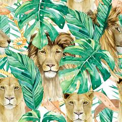 watercolor exotic wildlife Africa seamless pattern. Golde chain, tropical leaves and lion and lioness for the textile fabric and wallpaper decor. © Anna