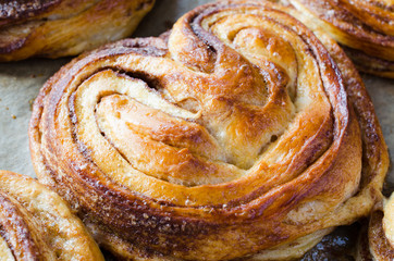 Fototapeta premium Baked fresh fragrant cinnamon buns. Traditional homemade pastries.