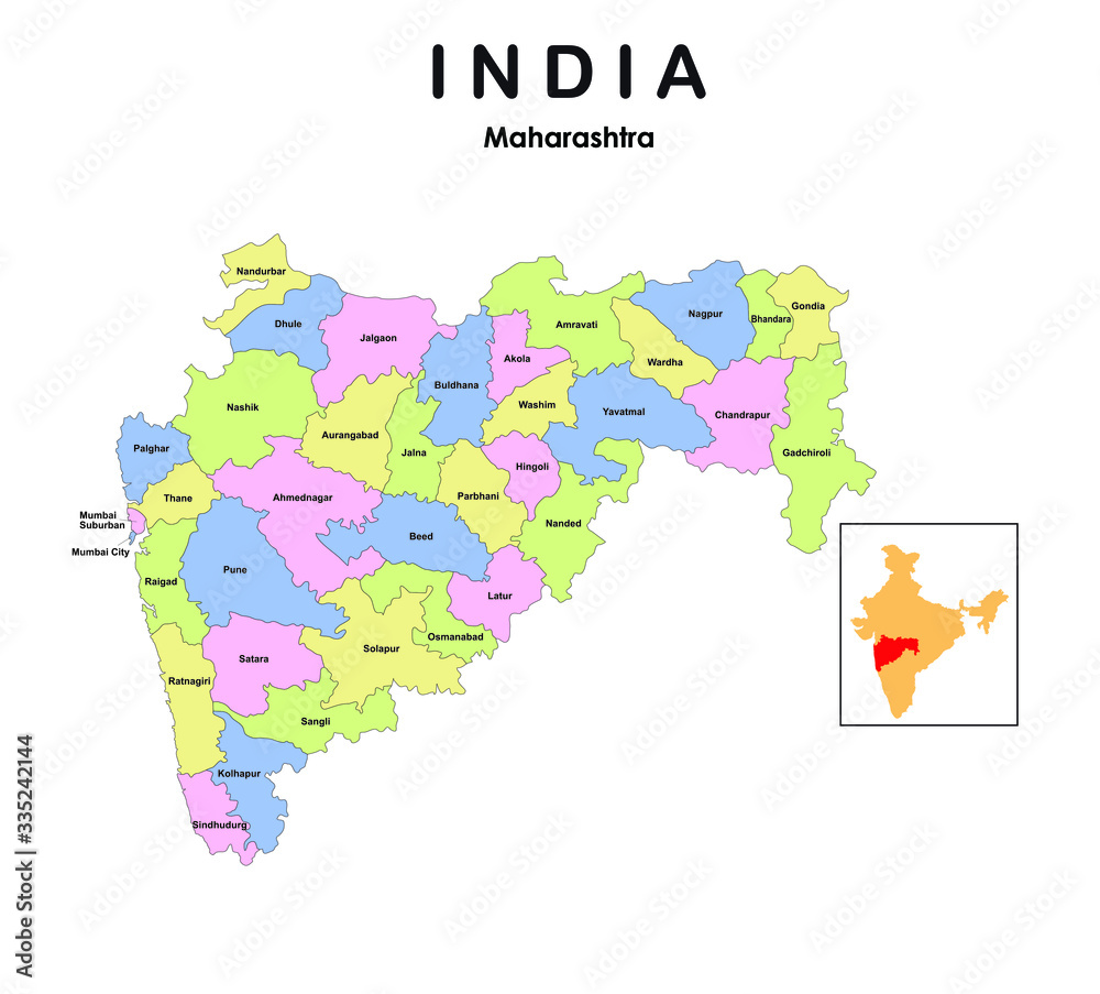 Wall mural Maharashtra map 2019. new map of Maharashtra. districts in Maharashtra.