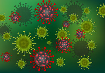 Fototapeta na wymiar covid-19 influenza corona virus background. covid19 disease is a dangerous to health in this cases virus effect to human body and influenza as flu. 3D red and green corona virus vector illustration.