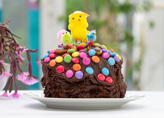 Fun kids chocolate Easter cake decorated by a child with chocolate frosting covered in colorful chocolate beans and Easter chicks. Decoration sliding down sides of cake. In front of kitchen window.