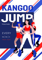 Obraz premium Kangoo jump zumba and latina class advertisement poster template. Females in sport outfit and bounce shoes doing knee up jump, jumping jacks exercises. Cardio fitness and weight loss, HIIT training.