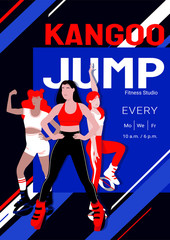 Kangoo jump high intensity interval training class advertisement poster template. Females in sport outfit and bounce shoes doing knee up jump, jumping jack exercises. Cardio fitness and weight loss.