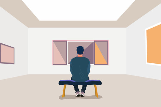 Exhibition visitor viewing paintings at art gallery. Man in the museum sits on a bench. Creative artworks for exhibition. Vector stock illustration in flat cartoon style. Delicate and vibrant colors.
