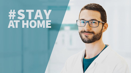 Medical doctor suggesting to stay at home to avoid corona virus pandemic, campaign coronavirus...