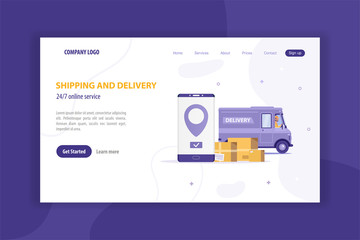 Delivery services web site template. 24/7 online order parcel and food services concept for some companies working in world quarantine covid-19. Vector illustration of purple flat web banner with van.